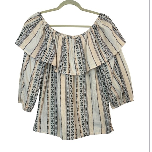 Reba Western White Tan Black Aztec Cowgirl Ob / Off Shoulder Cotton Top Size L - Picture 1 of 14